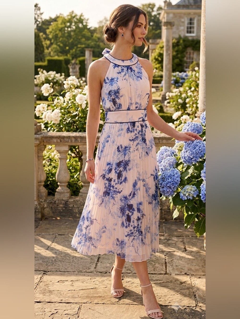 Calvin Klein Pink and Blue Floral Halter Midi Dress